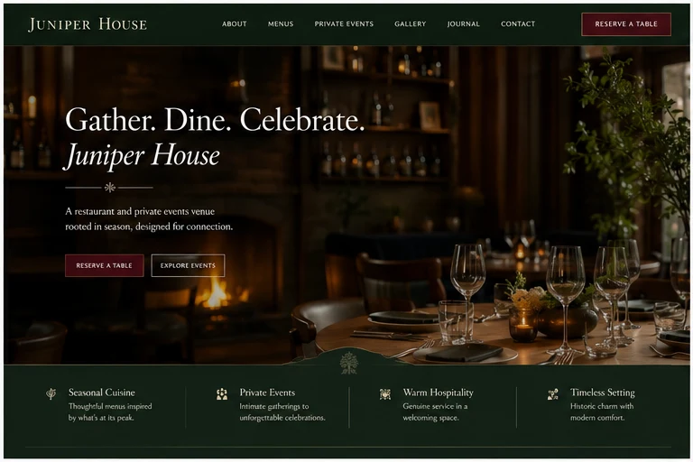 Juniper House restaurant homepage concept