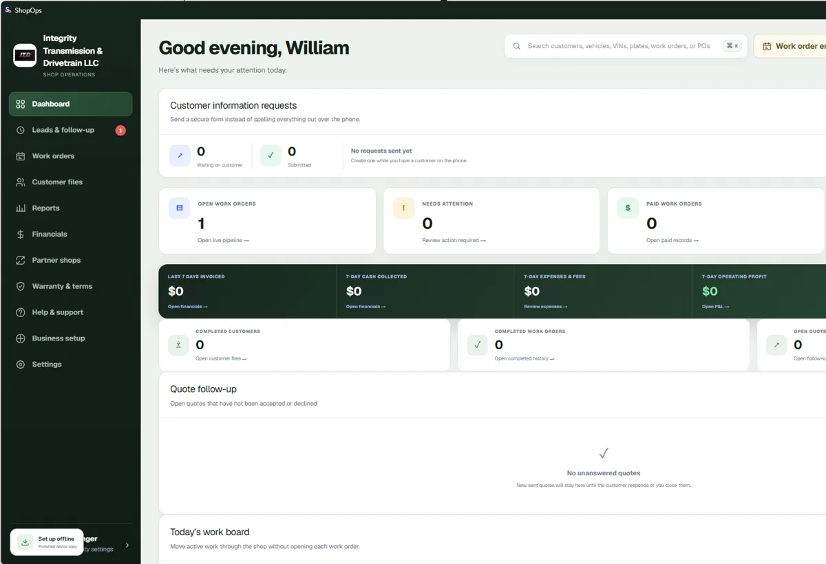 Real ShopOps owner dashboard showing work orders, follow-up, financial summaries, and navigation