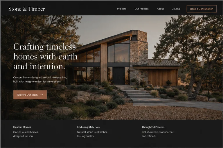 Stone and Timber custom home builder homepage concept